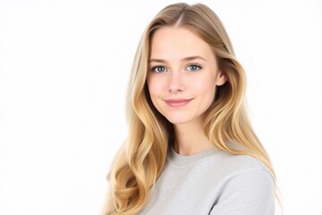 Pretty smiling joyfully female with fair hair, dressed casually, looking with satisfaction at camera, being happy. Studio shot of good-looking beautiful woman isolated against blank studio wall.
