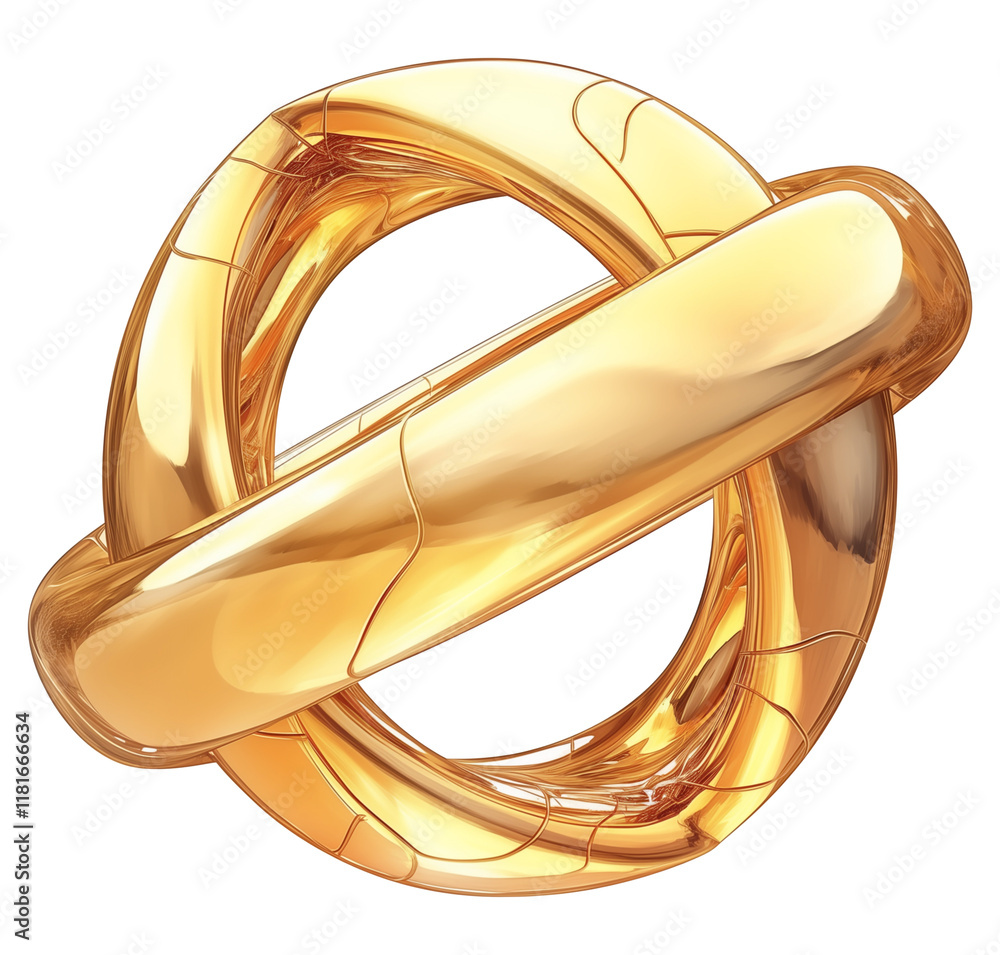 Poster shiny gold abstract symbol with intertwined loops, featuring smooth and reflective surface, isolated on transparency background. design exudes elegance and modernity