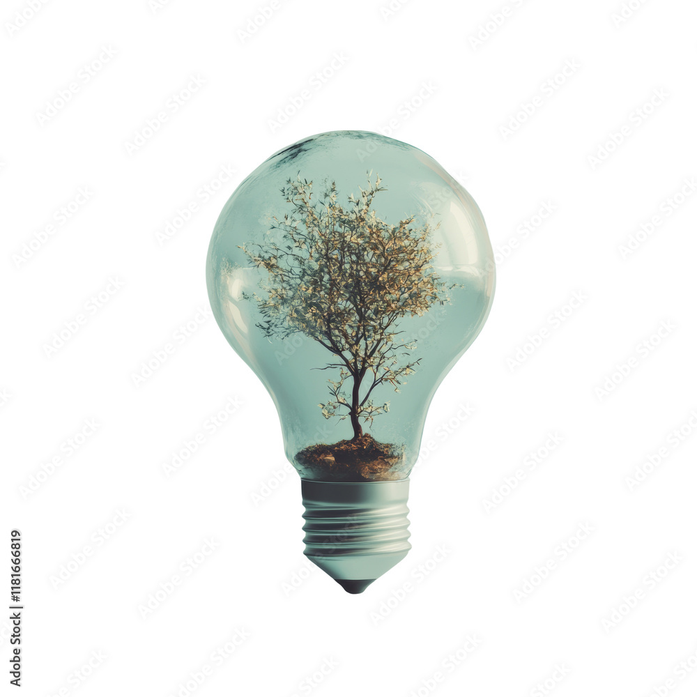 Poster The image depicts a small tree enclosed within a transparent lightbulb symbolizing sustainable energy and environmental conservation.