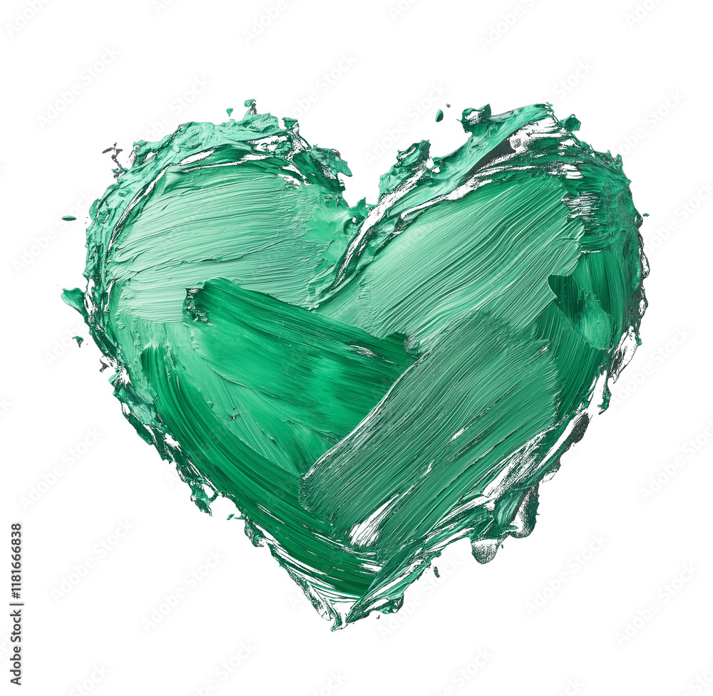 Poster green heart with rough textured brushstrokes, isolated on transparency background, showcasing artist