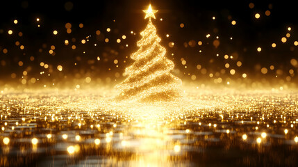Golden Christmas Tree Sparkles with Festive Lights Reflected Beautifully