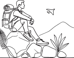 Minimalist Line Art of Traveler with Bag Sitting on Stone