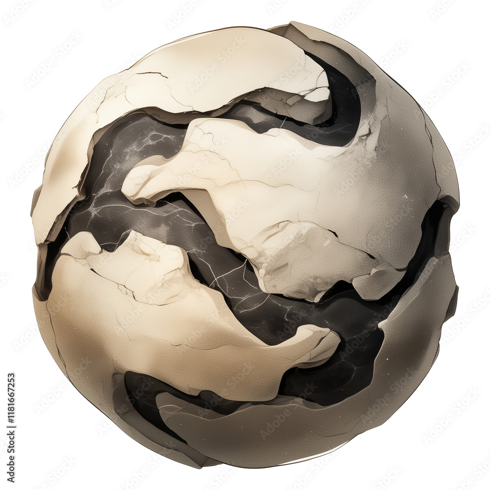 Poster cracked and textured stone sphere with dark fissures, isolated on transparency background, showcasin