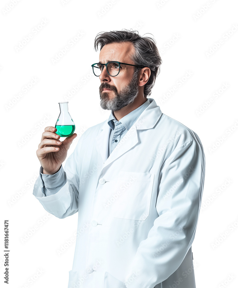 Poster scientist in white lab coat holds green liquid filled beaker, appearing focused and thoughtful, isol