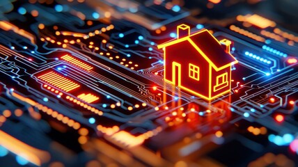Smart Home Technology Illuminated House on Circuit Board Digital Home Automation Concept
