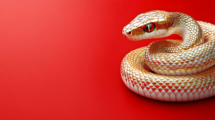 Fototapeta premium Golden Snake Coils Gracefully on Red, Reptile Scales Gleam