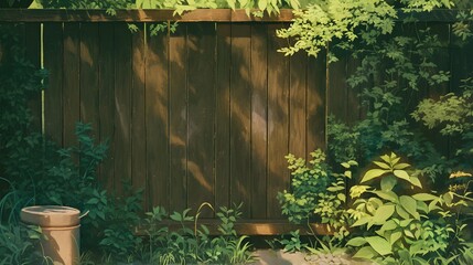 Wooden horizontal fence surrounded by lush greenery and trees, creating a natural backdrop showcasing textures and lines
