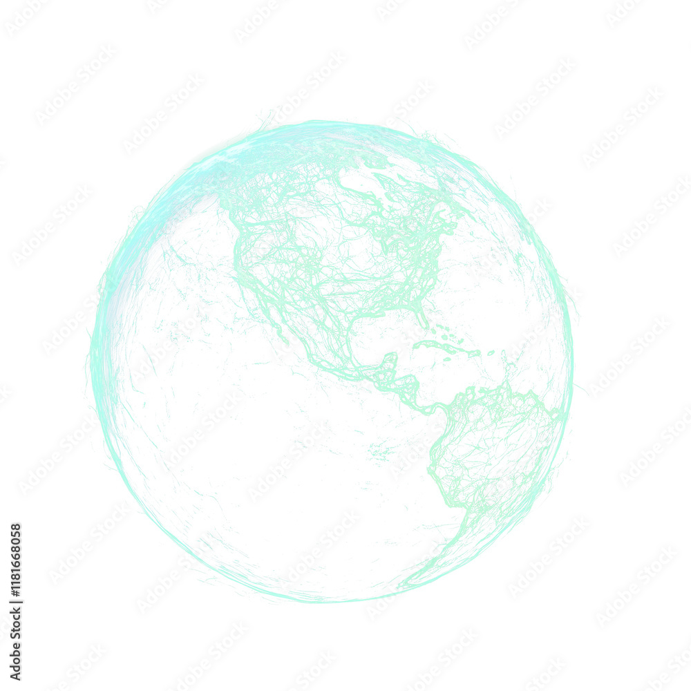 Poster glowing neon green and electric blue globe with radiant lines representing global connectivity and data flow, set against transparency background for futuristic effect