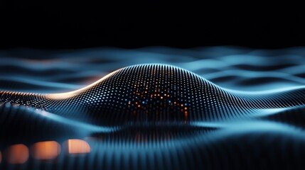 Abstract wave of blue light and digital patterns.