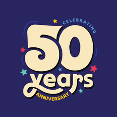 50 years anniversary logo with modern typography and colorful stars elements vector illustration. 50 years birthday, marriage ceremony or company 50th jubilee celebration banner, poster, template.