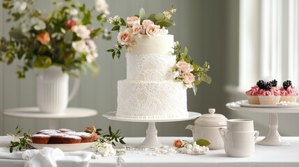 Elegant Tiered Wedding Cake with White Icing and Delicate Lace Decoration Surrounded by Flowers and Treats