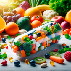 clear capsule overflowing with essential multivitamins and dietary supplements, surrounded by an array of colorful, fresh vegetables and fruits, symbolizing a health-conscious lifestyle choice