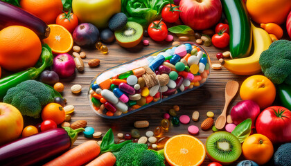 clear capsule overflowing with essential multivitamins and dietary supplements, surrounded by an array of colorful, fresh vegetables and fruits, symbolizing a health-conscious lifestyle choice