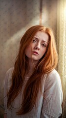 Fototapeta premium A pensive young redhead with long hair, wearing a white blouse, looks thoughtfully towards the viewer.