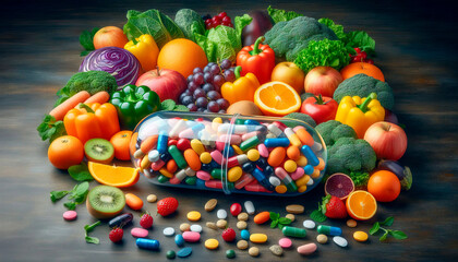 clear capsule overflowing with essential multivitamins and dietary supplements, surrounded by an array of colorful, fresh vegetables and fruits, symbolizing a health-conscious lifestyle choice