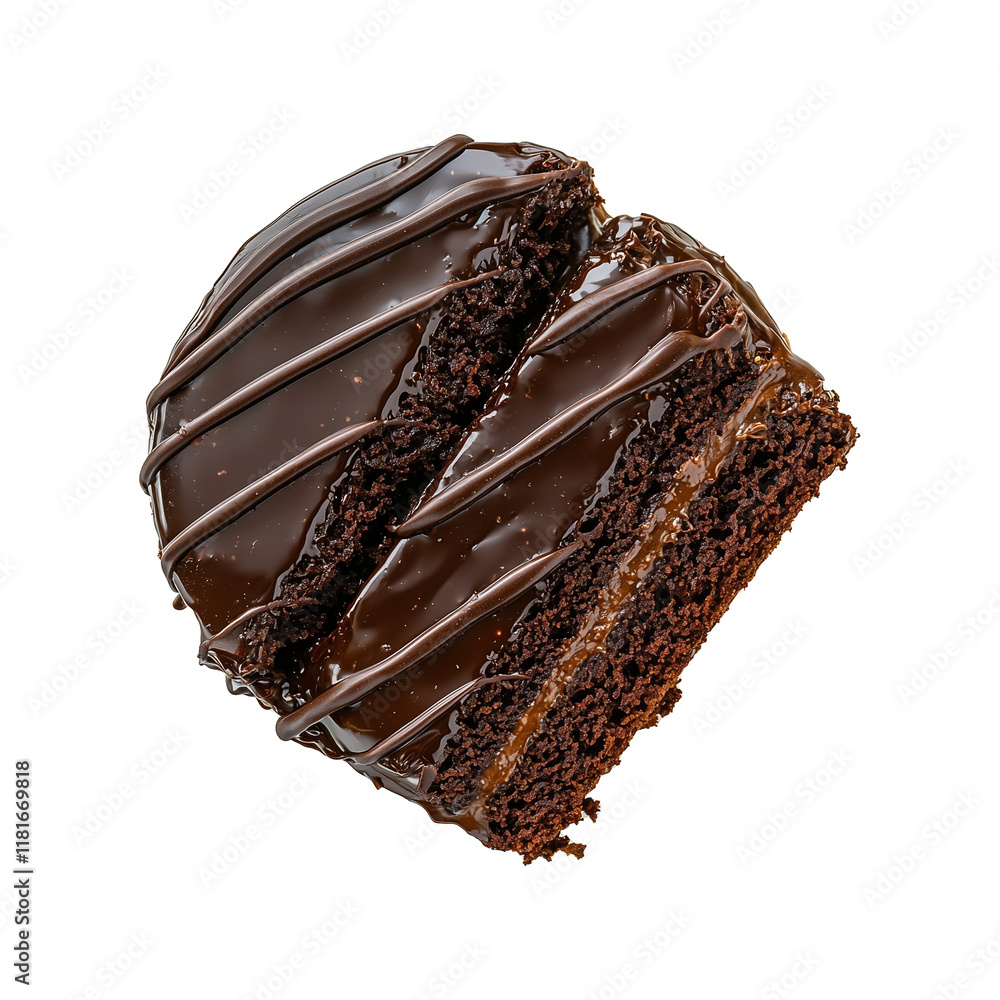 Poster top view of rich chocolate cake slice on white plate, featuring glossy chocolate glaze and decorativ