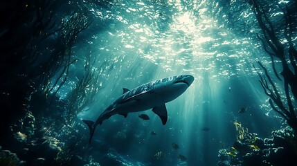A shark swims gracefully in sunlit ocean waters.