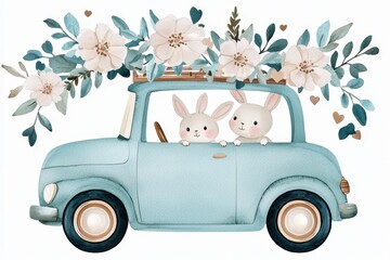 Adorable Bunnies in Vintage Car with Floral Decor Watercolor Illustration