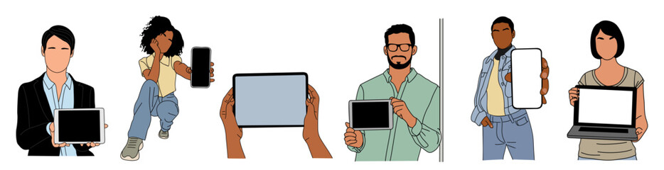 Advertising, Digital Marketing business concept illustrations. Set of business men, women showing blank empty screen of phone, tablet, laptop. Vector outline drawing on transparent background