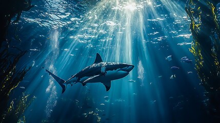 Underwater scene featuring a shark in sunlight.