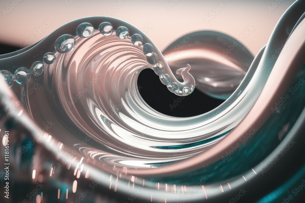 Poster abstract glass sculpture resembling a wave with embedded bubbles, showcasing smooth curves and elega