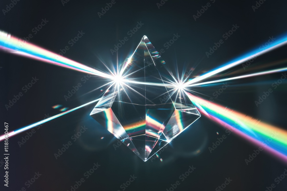 Poster a crystalline prism refracts light, creating a vibrant spectrum of colors and radiating beams.