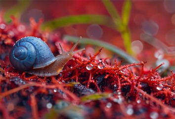 Blue Snail On Vibrant Red Foliage with Dewdrop Accents in Macro Detail