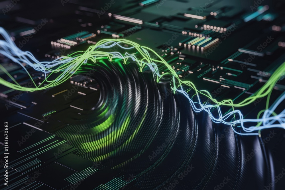 Poster abstract digital artwork depicting a swirling, dark wave with glowing neon green and blue lines on a