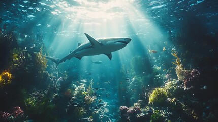 Shark swimming in vibrant underwater ecosystem.