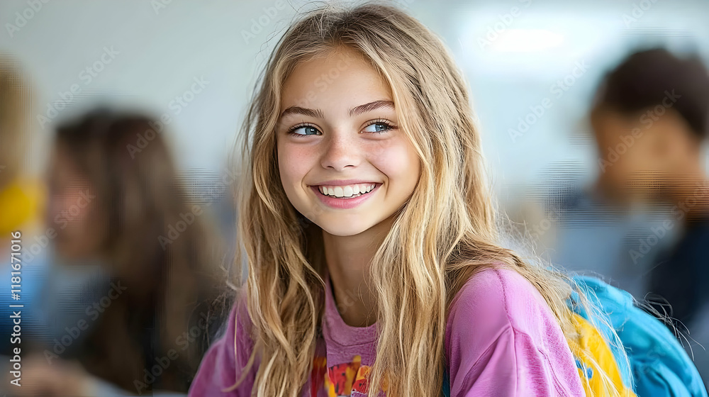 Poster smiling girl learns eagerly in classroom with joyful enthusiasm happily