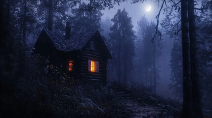 Glowing cabin in a dark forest with moonlit sky