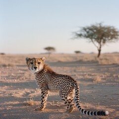 Fototapeta premium A lone cheetah, poised and alert, stands amid the vast savanna, with golden grass and a distant tree creating a quintessential scene of African wilderness.