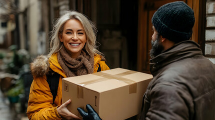Delivery Person Delivers Package to Happy Customer at Home