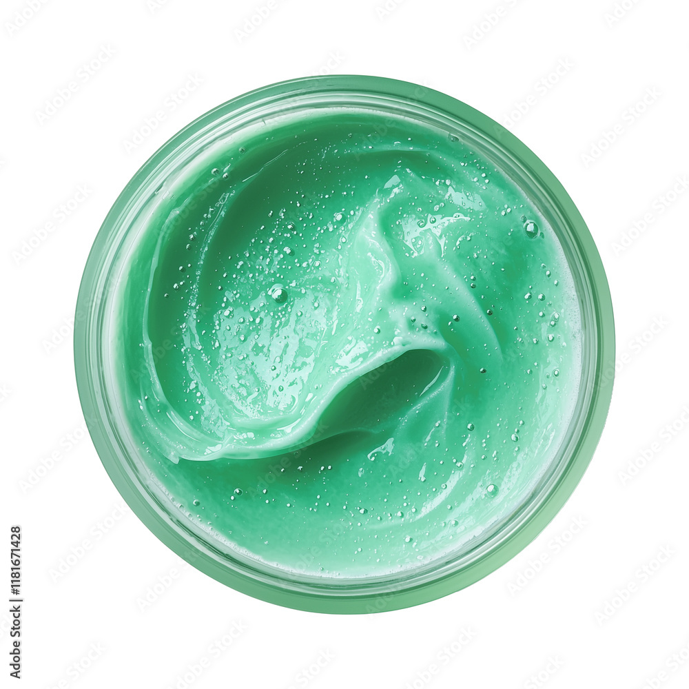 Poster top view of mint green gel in round container, isolated on transparency background, showcasing its s