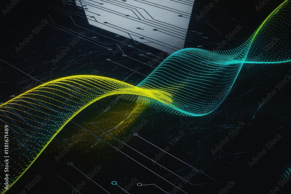 Fototapete abstract digital wave flowing over a circuit board, representing data flow and connectivity.