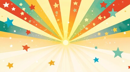 Retro Starburst Background with Colorful Stripes and Sparkling Stars, Perfect for Vintage Designs.