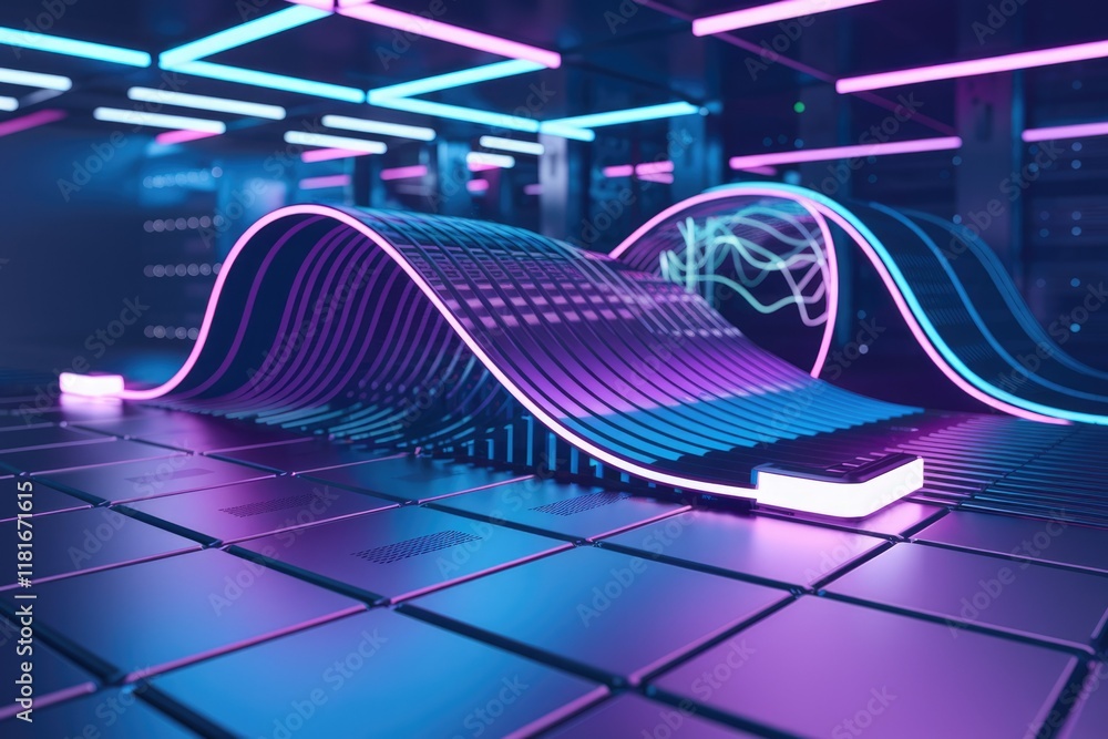Poster abstract neon light trails flowing through a futuristic data center, representing high-speed data tr