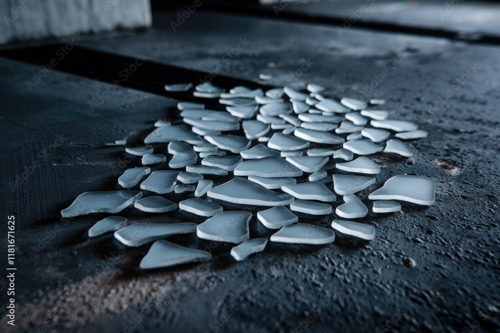Poster scattered shards of translucent glass on a dark surface, resembling a fractured mosaic.