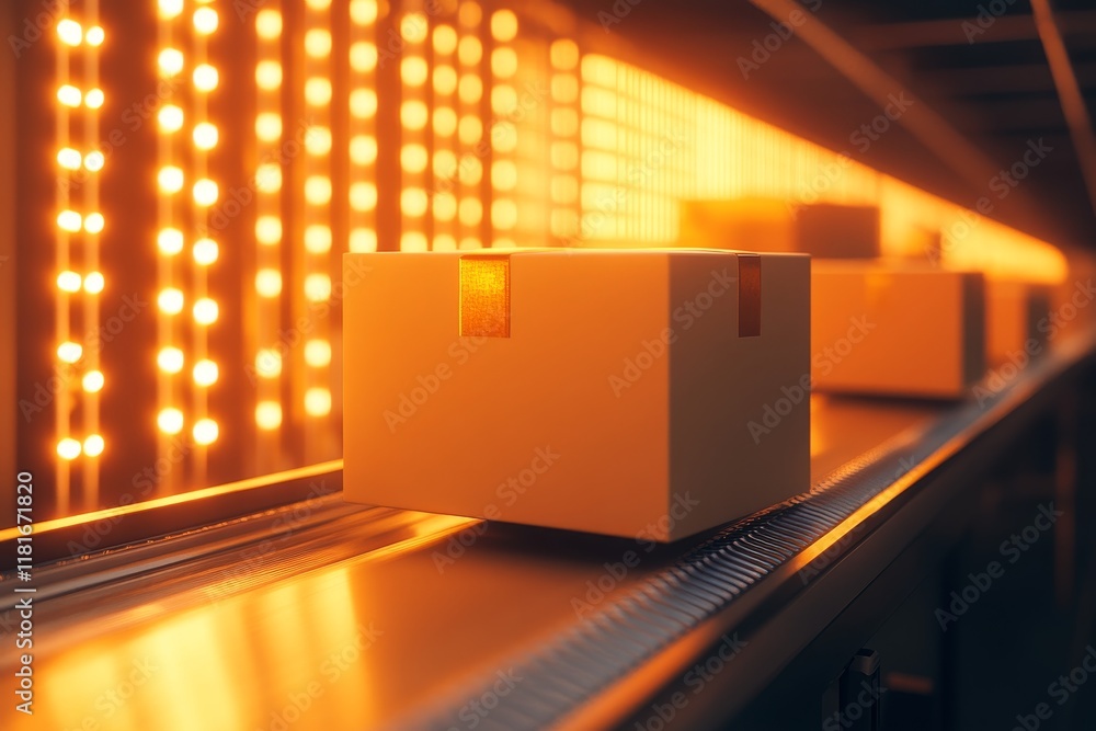 Poster automated conveyor system with glowing lights transporting packages in a modern warehouse environmen