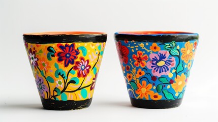 A pair of vibrant hand-painted flower pots, set against a white background.
