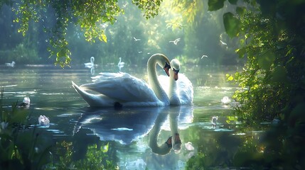 Serene swans gliding on a tranquil pond.