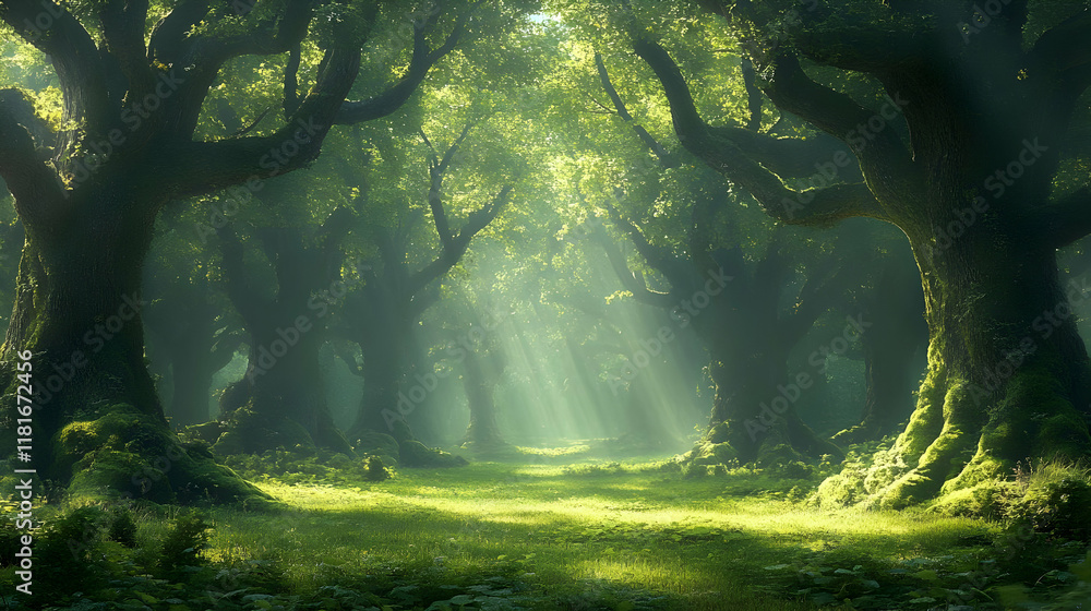 Aufkleber sunlight filters through trees in a mystical forest path calmly