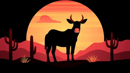 Silhouette of a horned animal against a vibrant sunset in a desert landscape.
