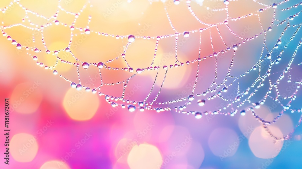 Aufkleber dewdrops on a spiderweb against a colorful bokeh background.