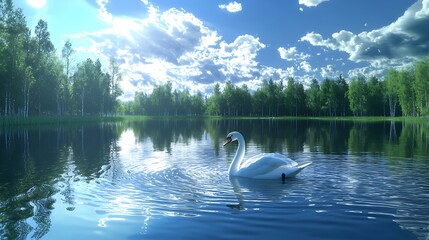 Serene lake with a swan under a blue sky.