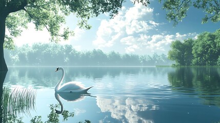 Serene lake scene with a swan and lush greenery.
