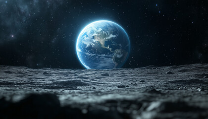 planet earth seen from the rugged moon surface 