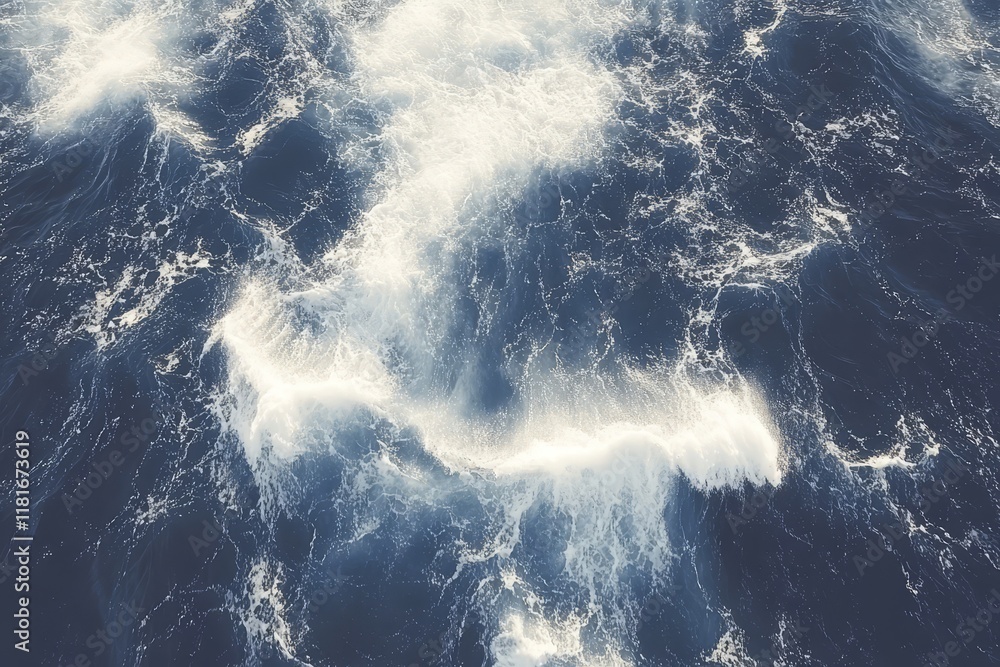 Poster beautiful aerial view of turbulent ocean waves with white foam creating dynamic patterns in deep blu