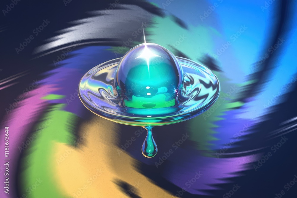 Poster a vibrant, iridescent sphere rests on a shimmering, liquid surface, creating a captivating visual sp