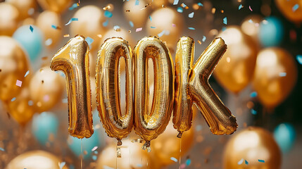 100K Celebration Balloons Soar with Confetti, Party, Gold, Milestone, Anniversary
